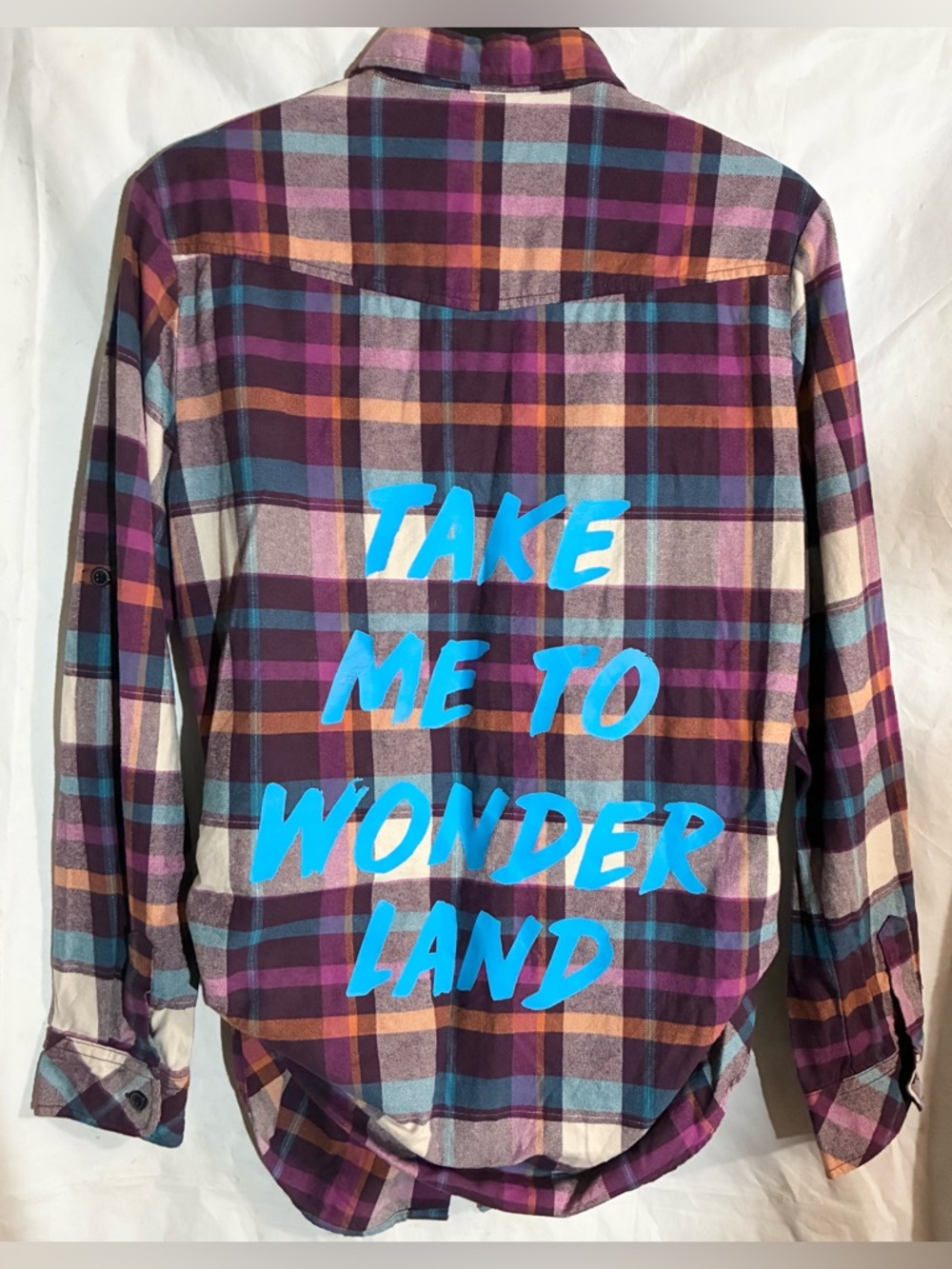 Matchstick Flannel Button Down Shirt Sz M Pockets Upcycled Take Me to Wonderland